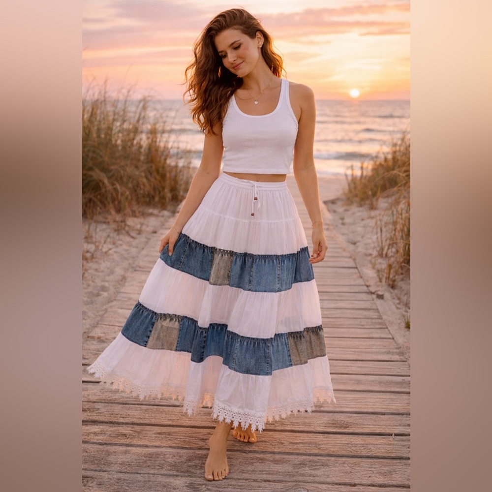 Young Threads Denim Patchwork Tiered Maxi Skirt X… - image 1